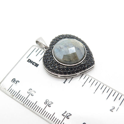 925 Sterling Silver Real Labradorite & Black Spinel Heart Pendant