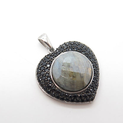 925 Sterling Silver Real Labradorite & Black Spinel Heart Pendant