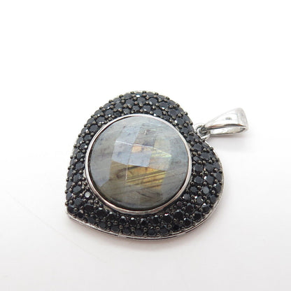 925 Sterling Silver Real Labradorite & Black Spinel Heart Pendant