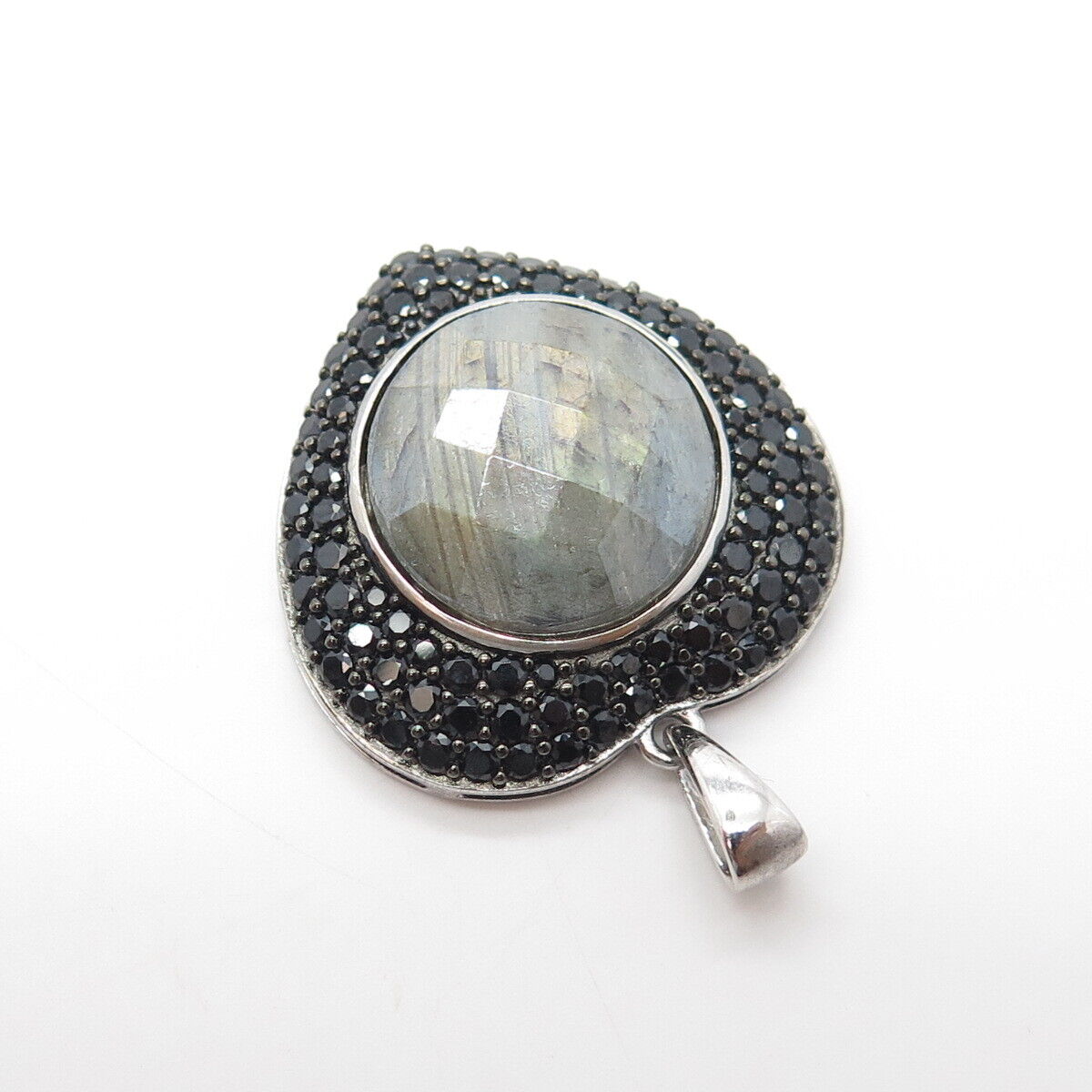 925 Sterling Silver Real Labradorite & Black Spinel Heart Pendant