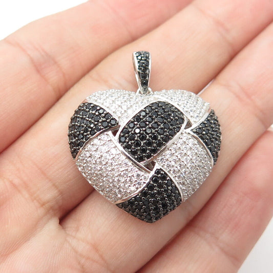 925 Sterling Silver Real Black Spinel & C Z Woven Heart Pendant