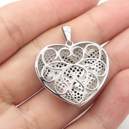 925 Sterling Silver Real Black Spinel & C Z Woven Heart Pendant