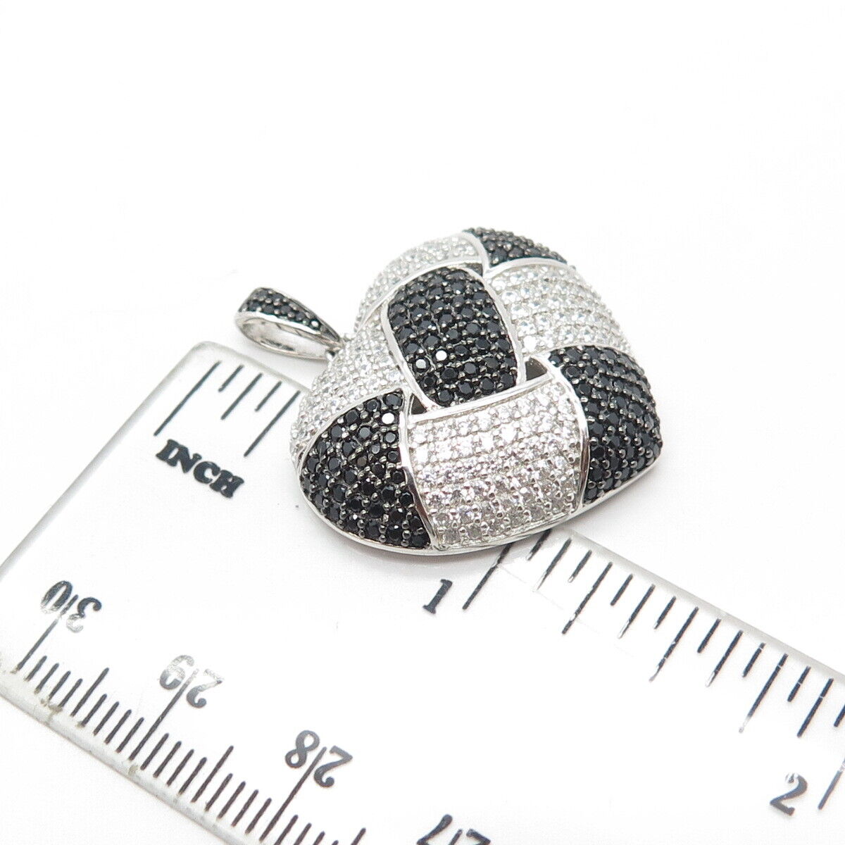 925 Sterling Silver Real Black Spinel & C Z Woven Heart Pendant