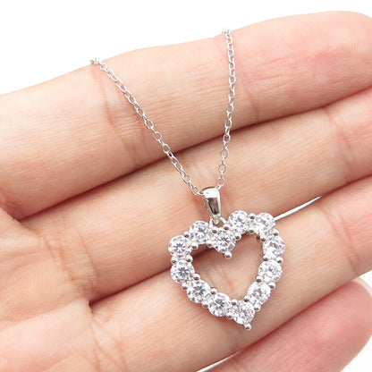 925 Sterling Silver White C Z Open Heart Cable Chain Necklace 18"