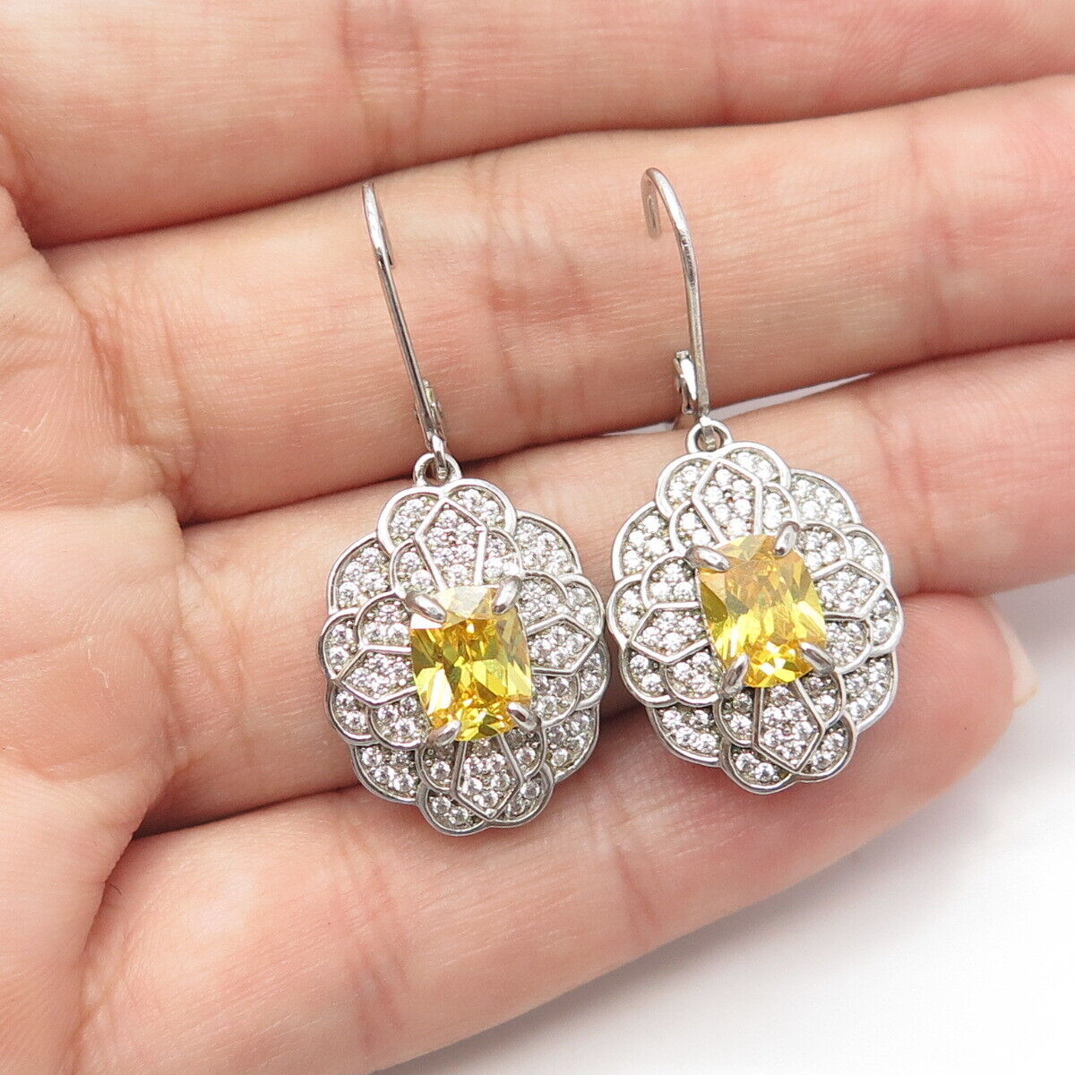 925 Sterling Silver Canary C Z Floral Dangle Drop Earrings