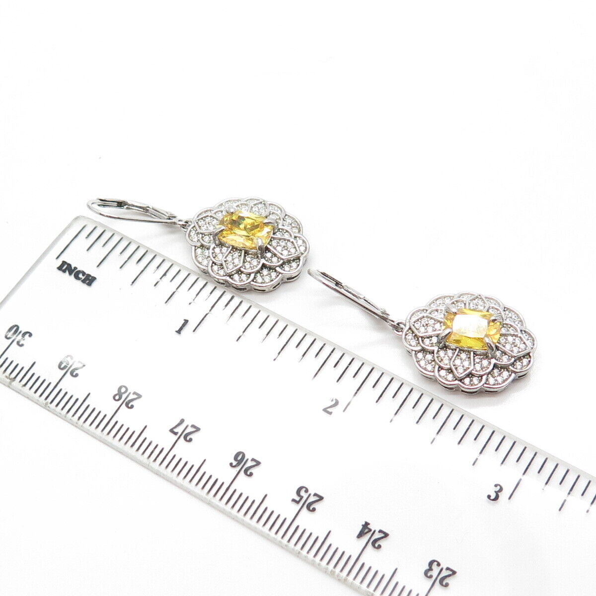 925 Sterling Silver Canary C Z Floral Dangle Drop Earrings