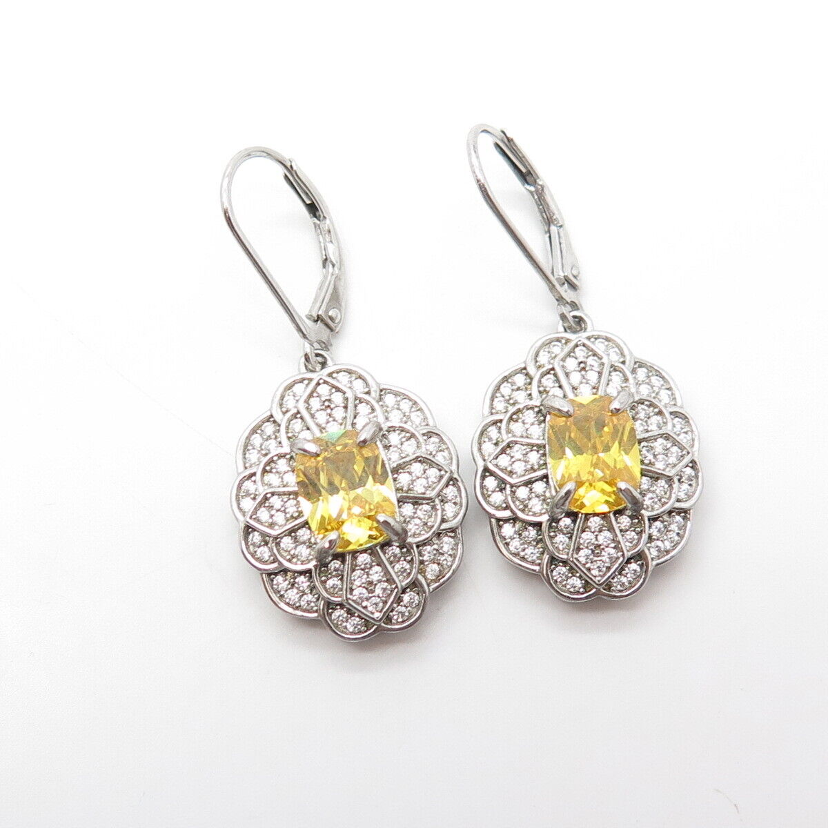 925 Sterling Silver Canary C Z Floral Dangle Drop Earrings