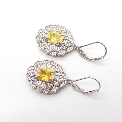 925 Sterling Silver Canary C Z Floral Dangle Drop Earrings