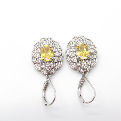 925 Sterling Silver Canary C Z Floral Dangle Drop Earrings