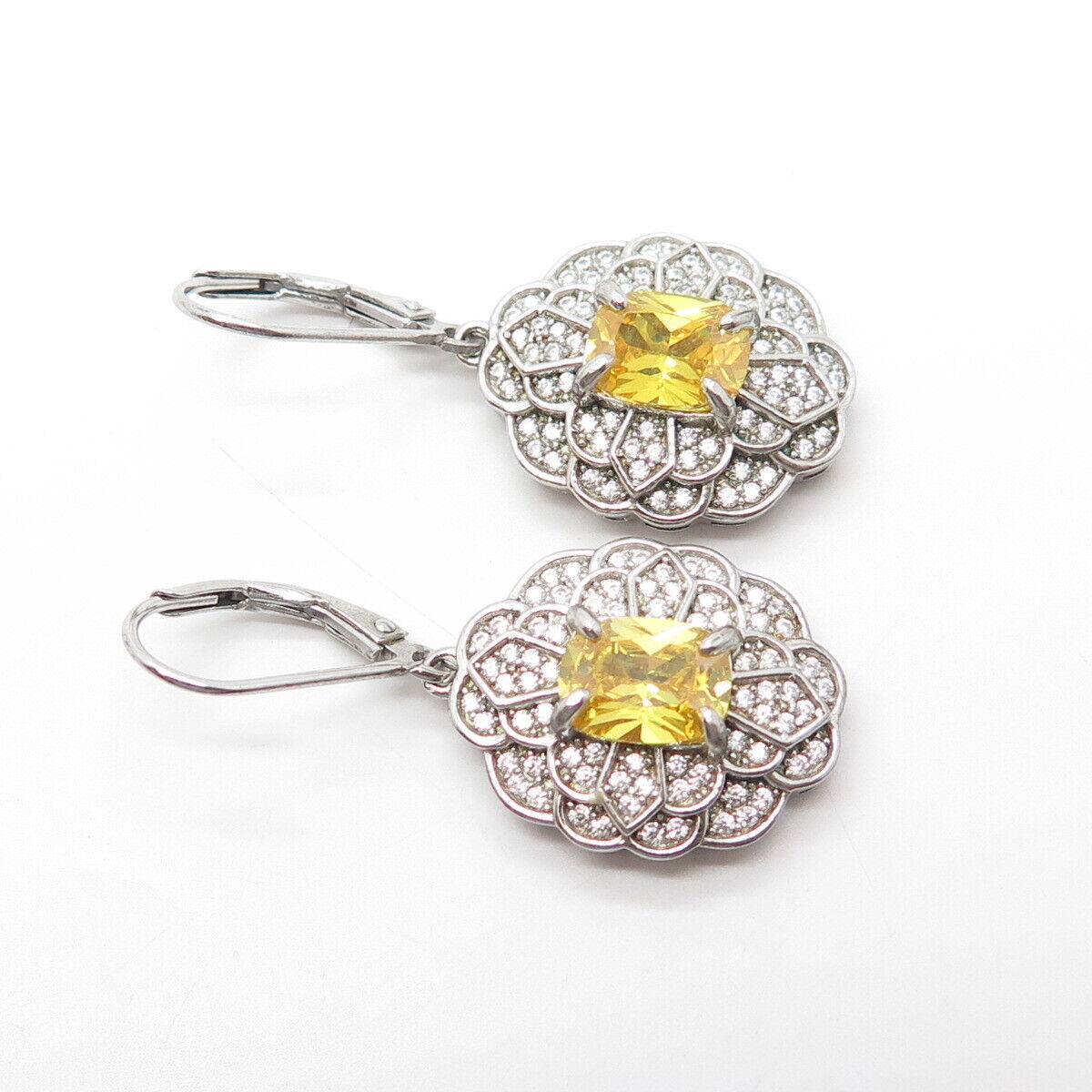 925 Sterling Silver Canary C Z Floral Dangle Drop Earrings