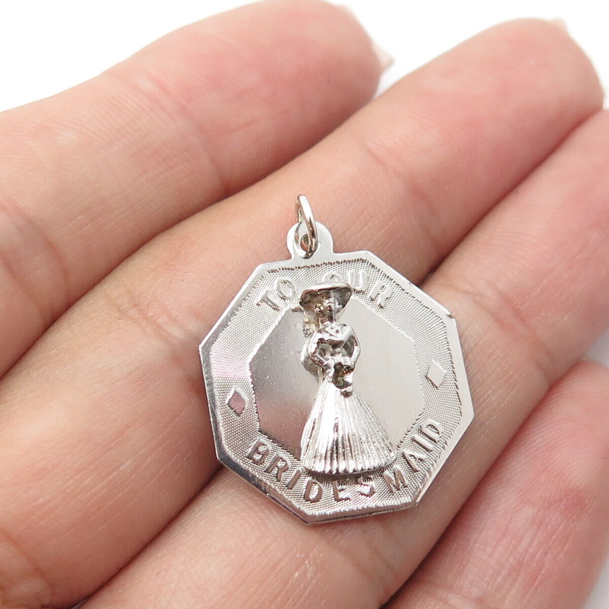 925 Sterling Silver Vintage "To Our Bridesmaid" 3D Round Pendant