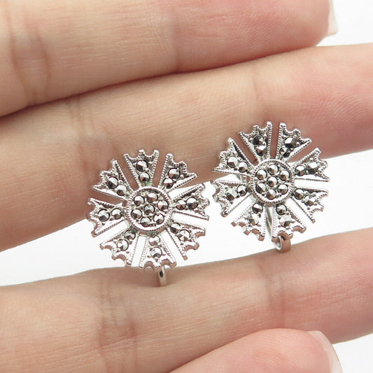 925 Sterling Silver Vintage Real Marcasite Snowflake Screw-Back Earrings