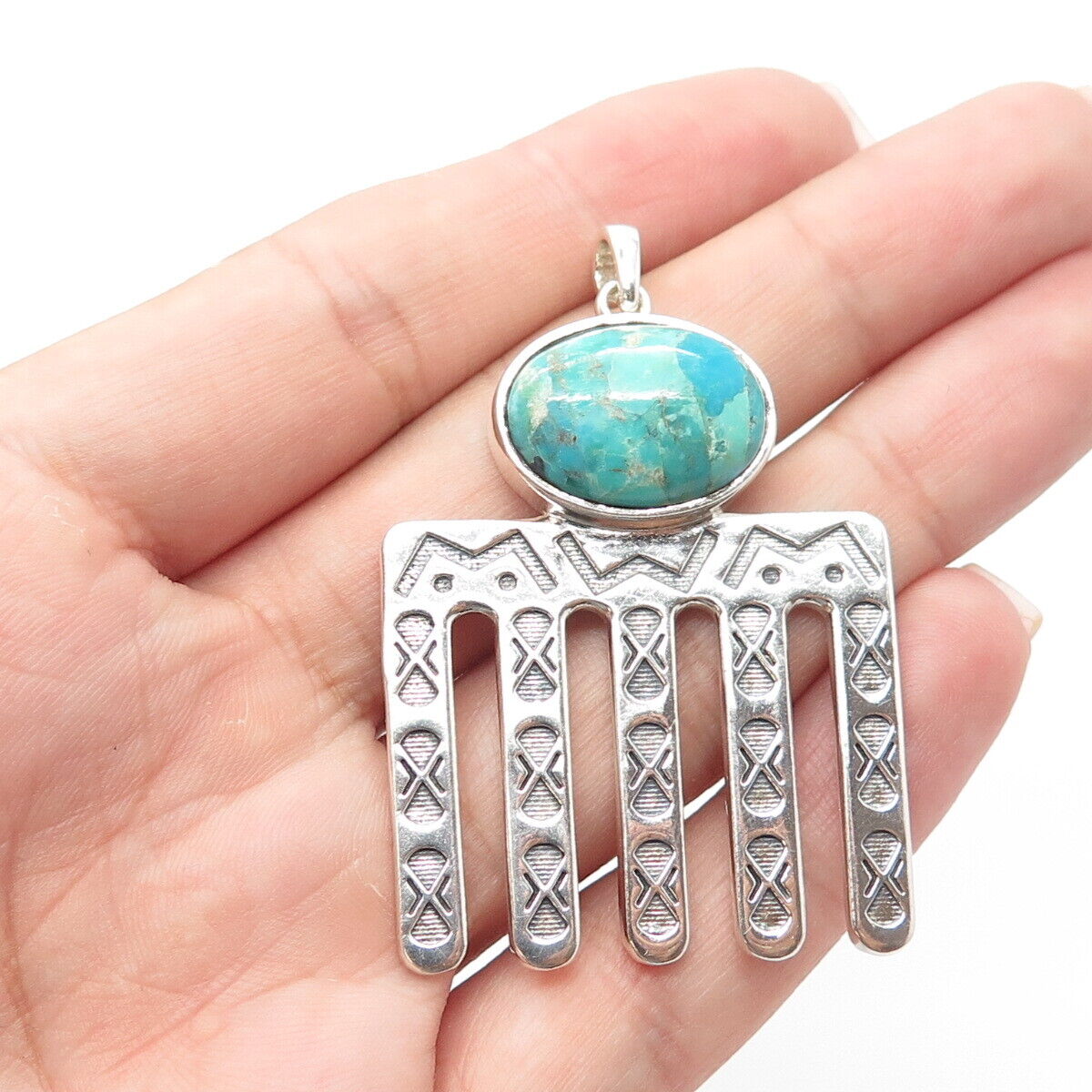 925 Sterling Silver Vintage Southwestern Cabochon Turquoise Tribal Pendant