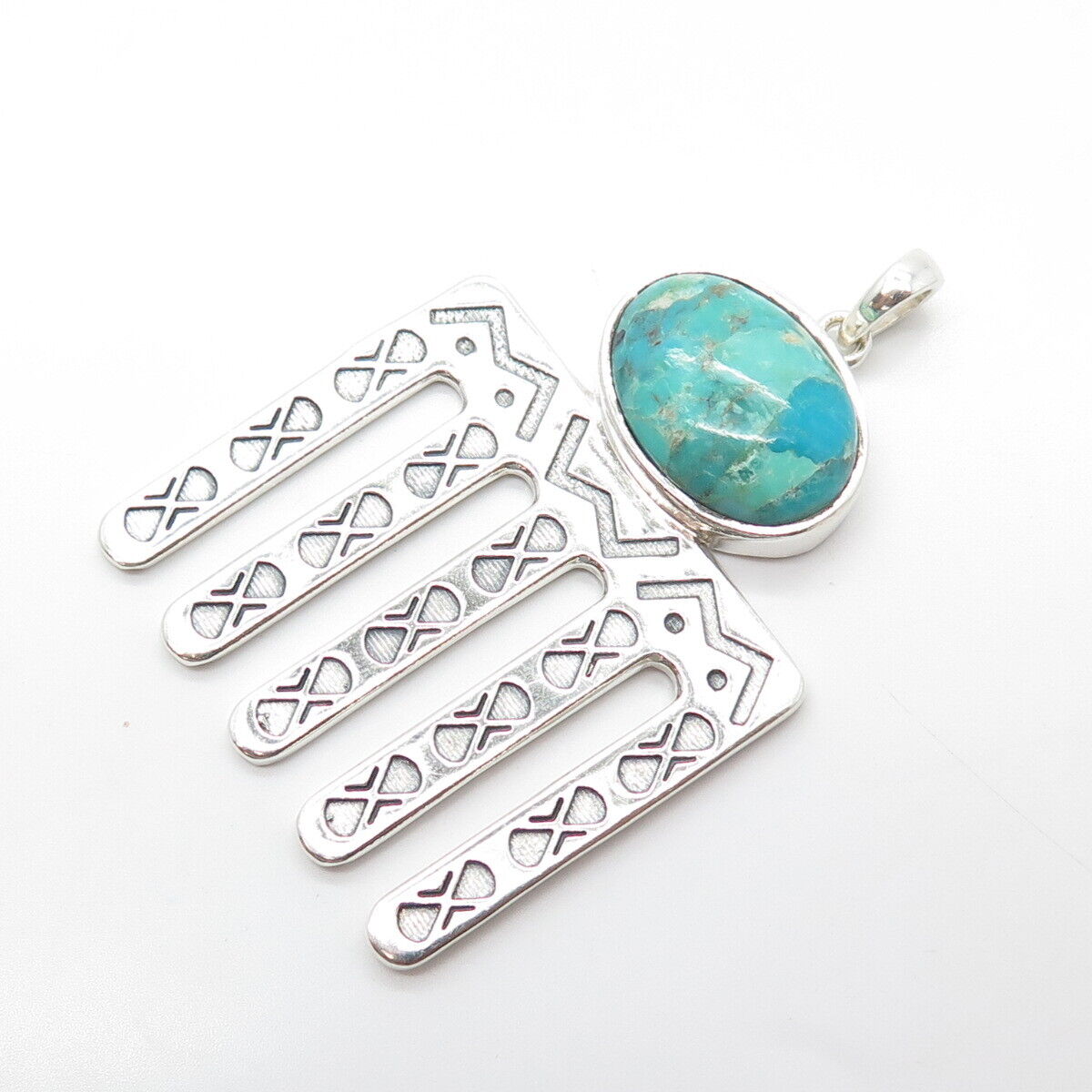 925 Sterling Silver Vintage Southwestern Cabochon Turquoise Tribal Pendant