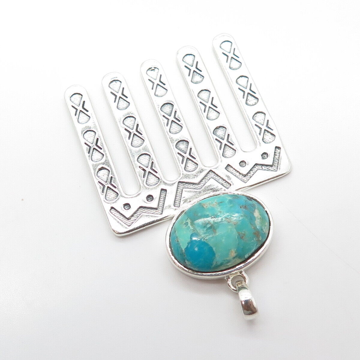 925 Sterling Silver Vintage Southwestern Cabochon Turquoise Tribal Pendant