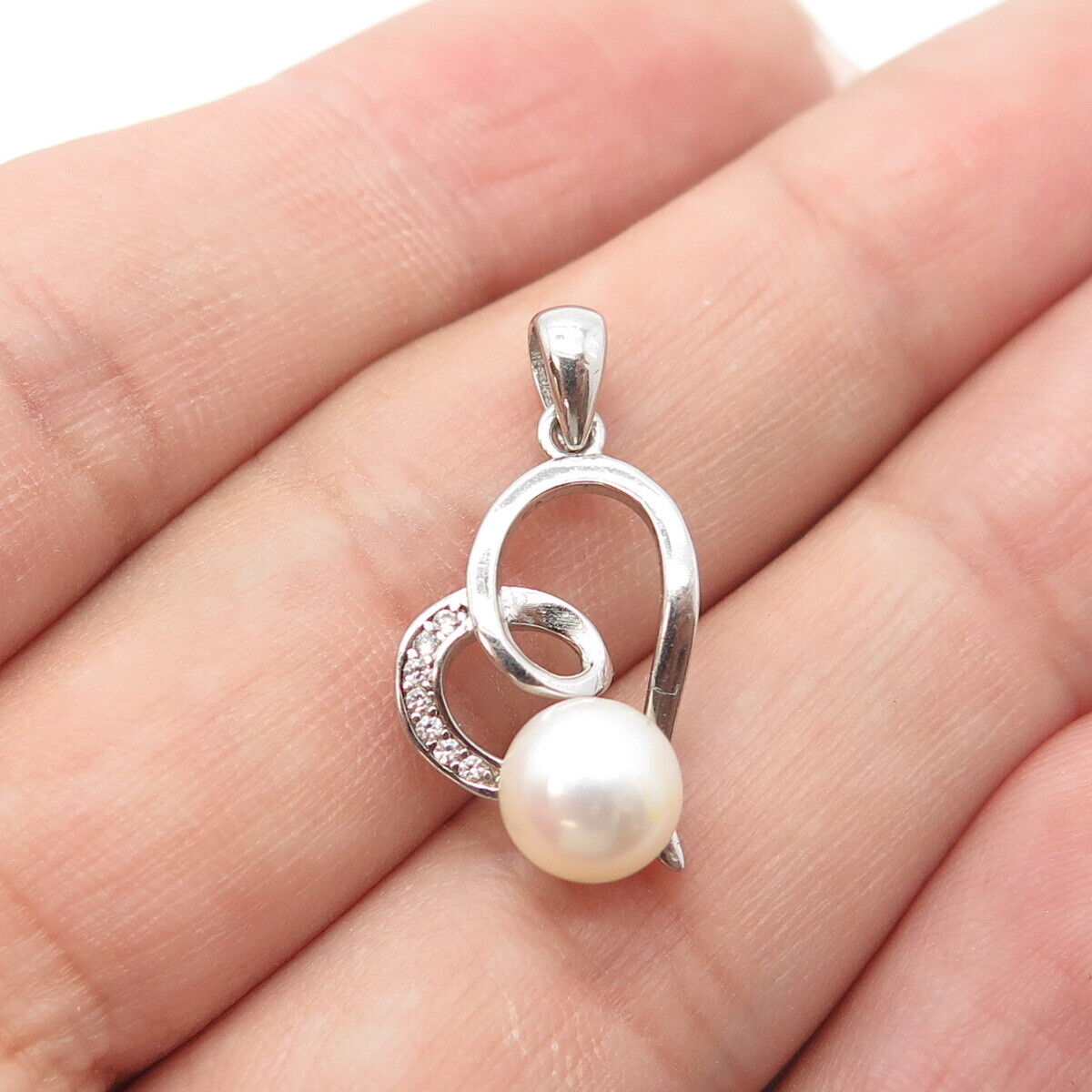 925 Sterling Silver Real Pearl & White C Z Heart Charm Pendant