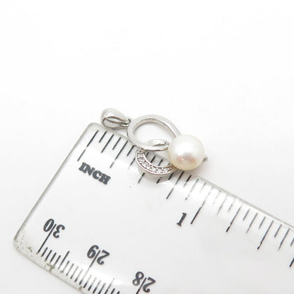 925 Sterling Silver Real Pearl & White C Z Heart Charm Pendant