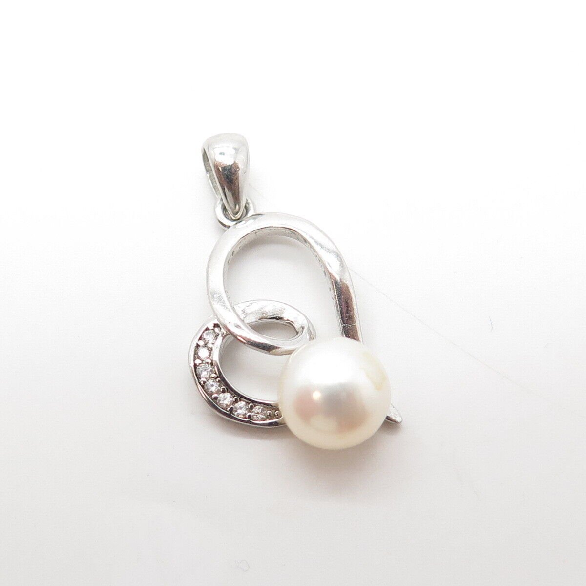 925 Sterling Silver Real Pearl & White C Z Heart Charm Pendant