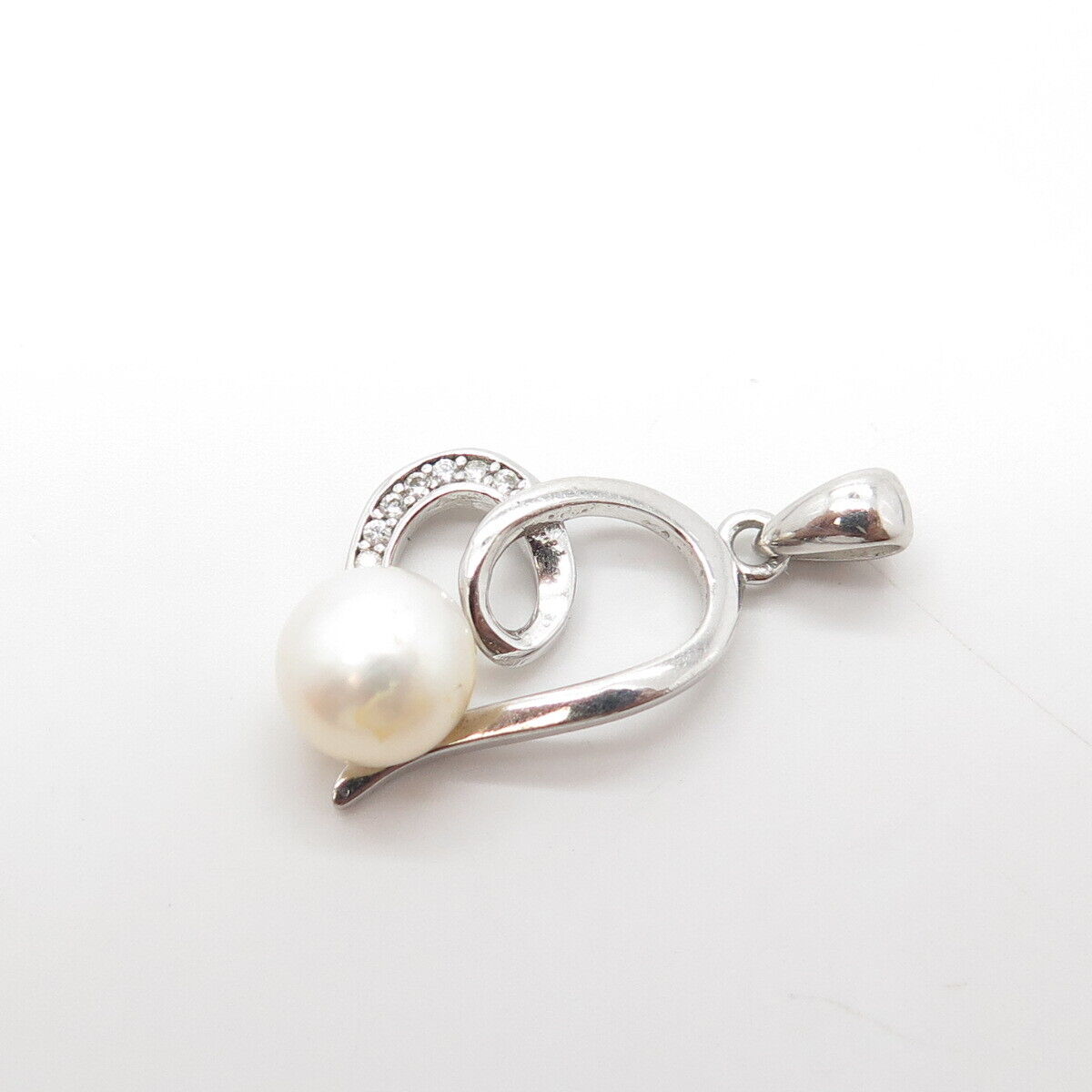 925 Sterling Silver Real Pearl & White C Z Heart Charm Pendant