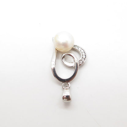 925 Sterling Silver Real Pearl & White C Z Heart Charm Pendant