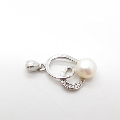 925 Sterling Silver Real Pearl & White C Z Heart Charm Pendant