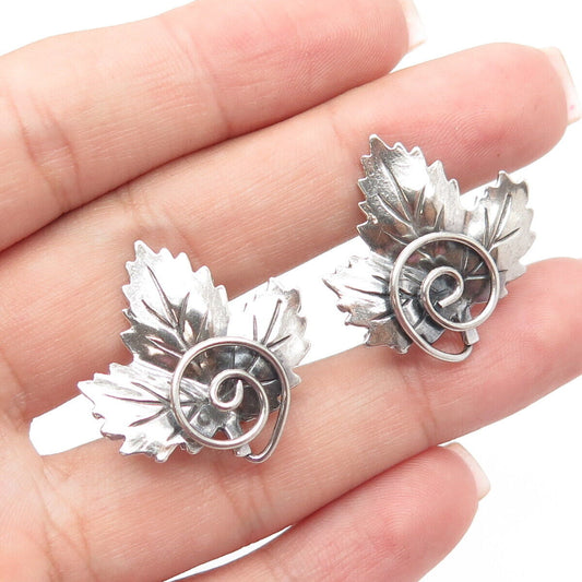 925 Sterling Silver Antique Art Deco Maple Leaf Screw Back Earrings