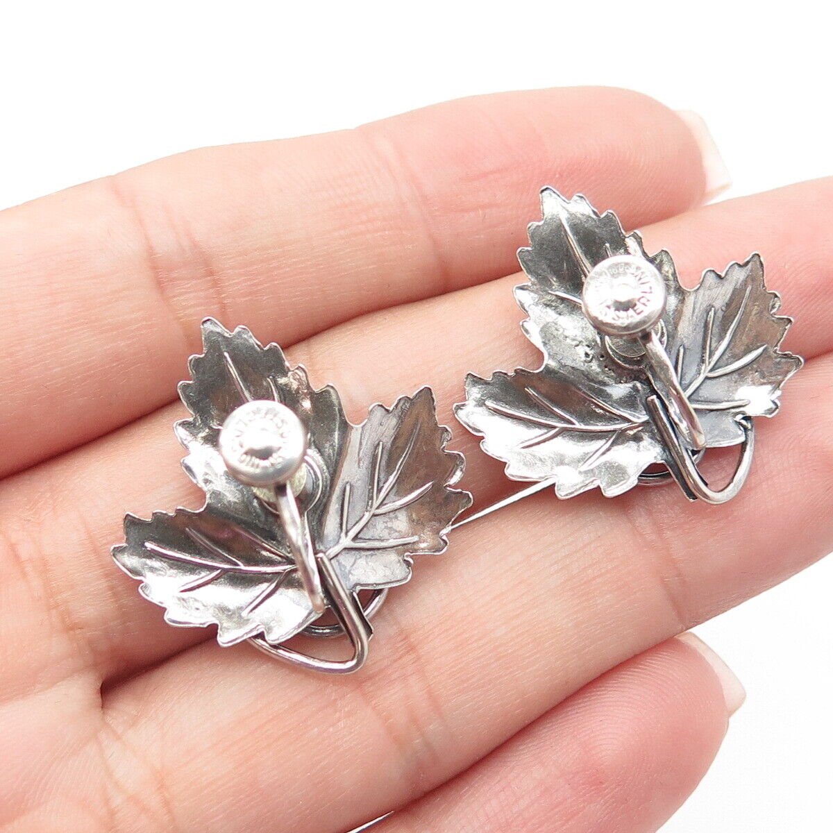 925 Sterling Silver Antique Art Deco Maple Leaf Screw Back Earrings