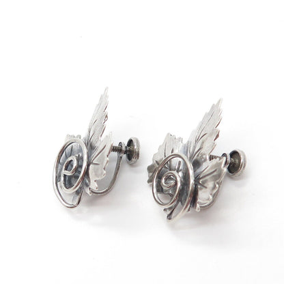 925 Sterling Silver Antique Art Deco Maple Leaf Screw Back Earrings