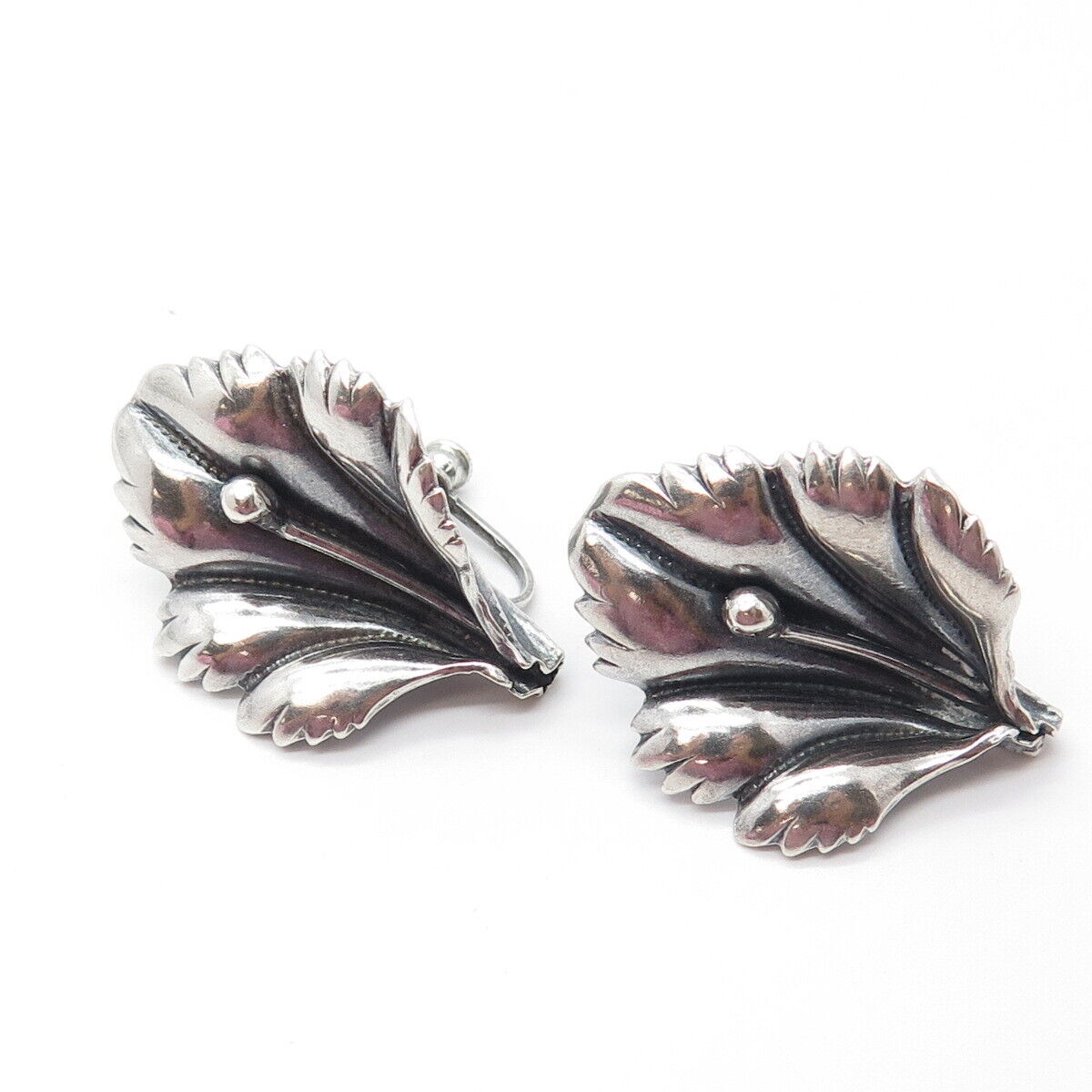 925 Sterling Silver Antique Art Deco Lily Floral Screw Back Earrings