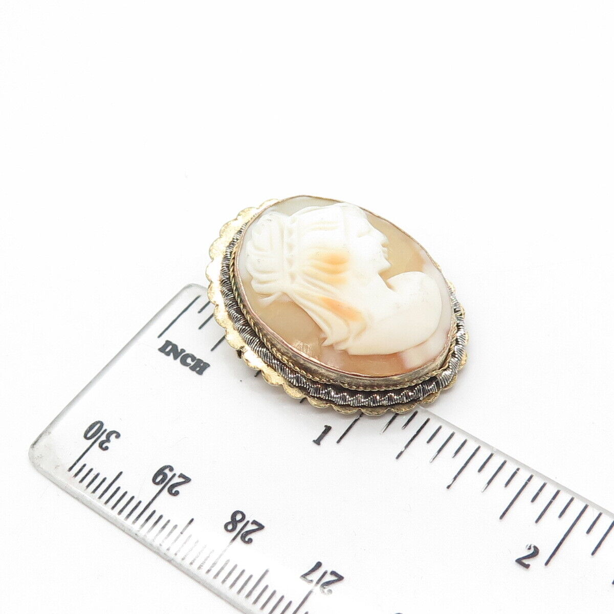 800 Silver Gold-Plated Antique Art Deco Mother-Of-Pearl Cameo Lady Pin Brooch