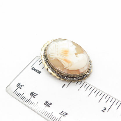 800 Silver Gold-Plated Antique Art Deco Mother-Of-Pearl Cameo Lady Pin Brooch