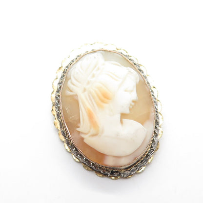 800 Silver Gold-Plated Antique Art Deco Mother-Of-Pearl Cameo Lady Pin Brooch