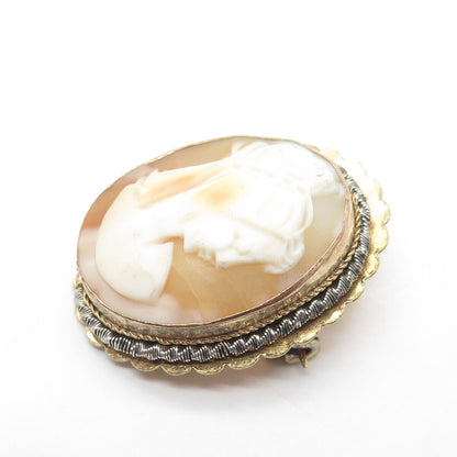 800 Silver Gold-Plated Antique Art Deco Mother-Of-Pearl Cameo Lady Pin Brooch