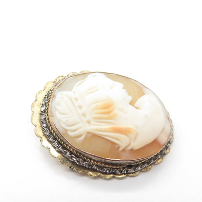 800 Silver Gold-Plated Antique Art Deco Mother-Of-Pearl Cameo Lady Pin Brooch