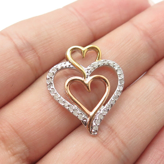 925 Sterling Silver 3-Tone Real White Diamond Triple Heart Charm Pendant