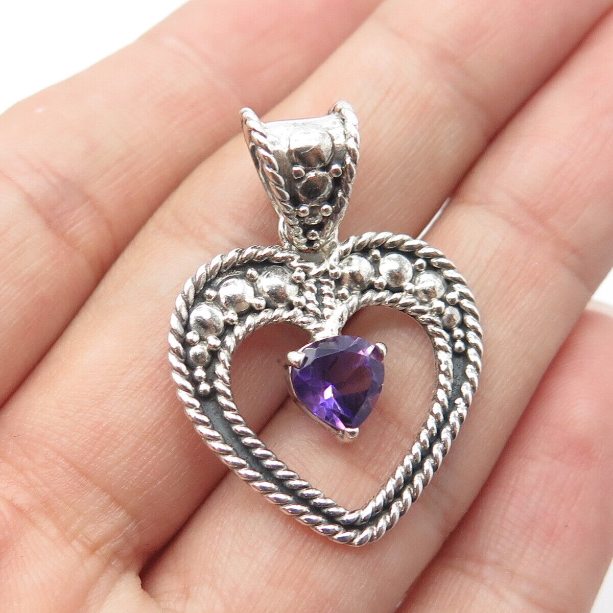 925 Sterling Silver Vintage Real Amethyst Gem Ball Bead Open Roped Heart Pendant