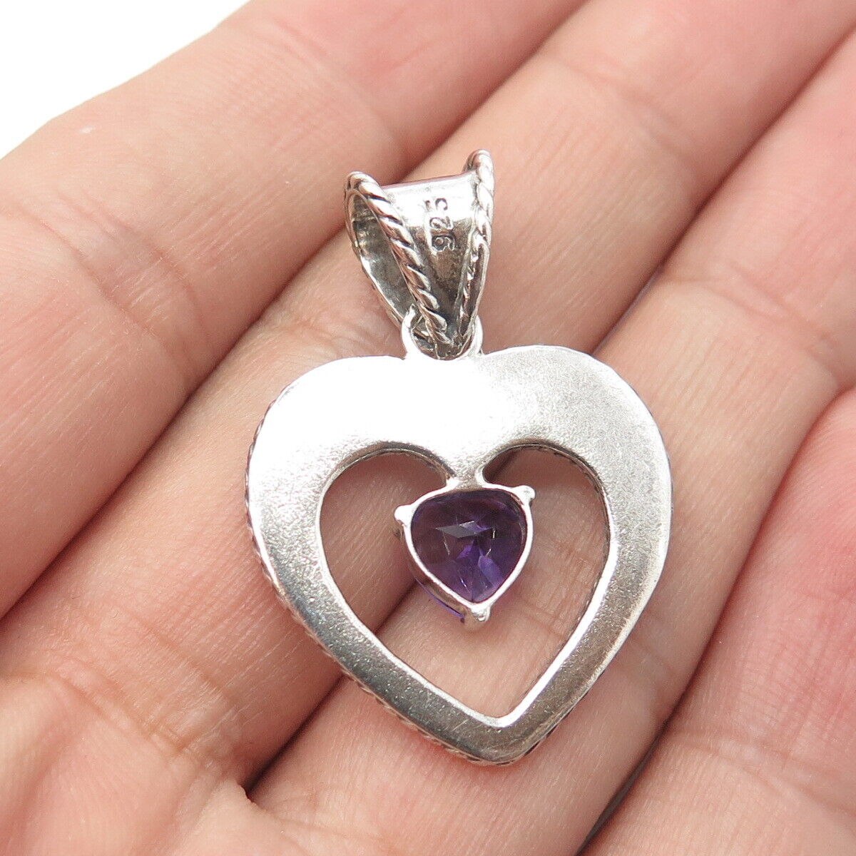 925 Sterling Silver Vintage Real Amethyst Gem Ball Bead Open Roped Heart Pendant