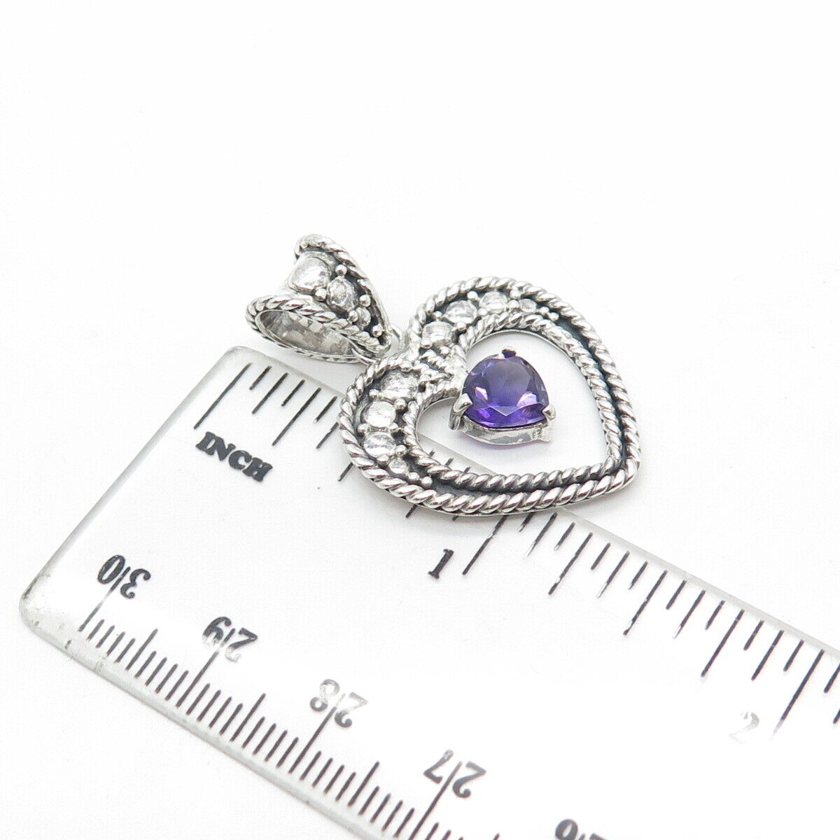 925 Sterling Silver Vintage Real Amethyst Gem Ball Bead Open Roped Heart Pendant