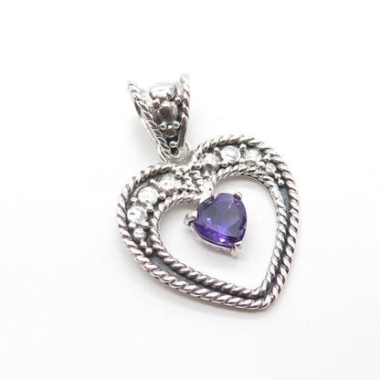 925 Sterling Silver Vintage Real Amethyst Gem Ball Bead Open Roped Heart Pendant