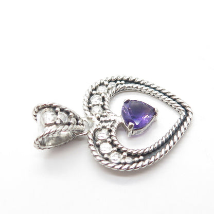 925 Sterling Silver Vintage Real Amethyst Gem Ball Bead Open Roped Heart Pendant