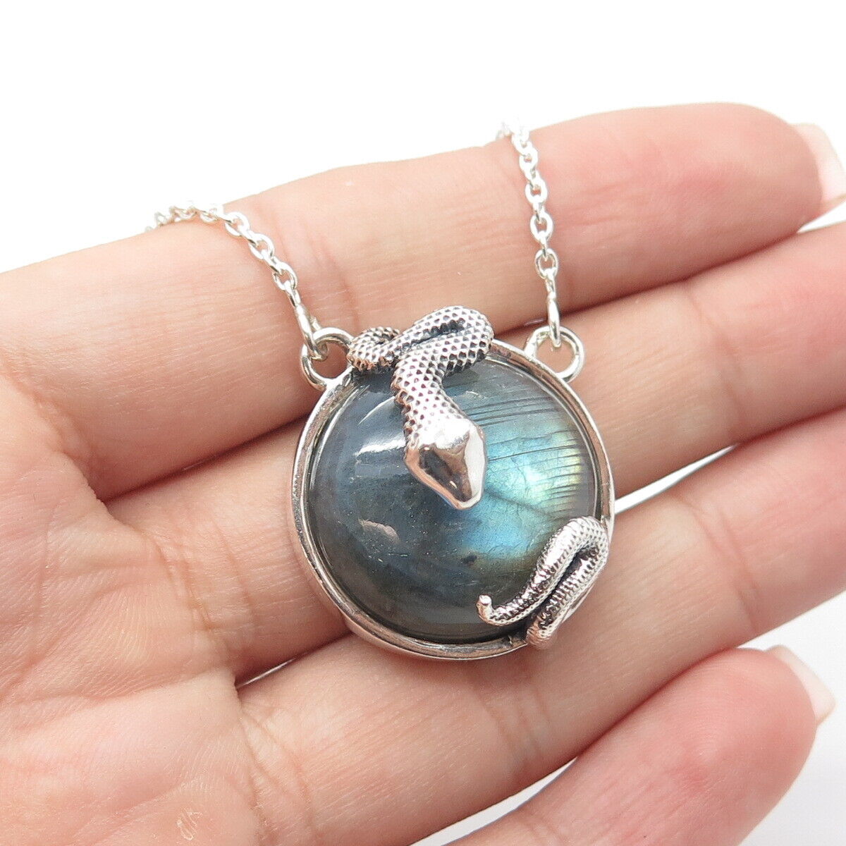 925 Sterling Silver PTI Real Cabochon Labradorite Snake Cable Chain Necklace 20"