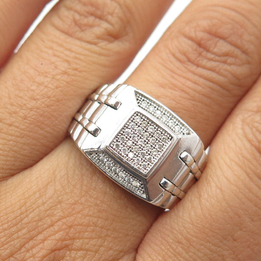 925 Sterling Silver Pave C Z Ribbed Ring Size 11.5