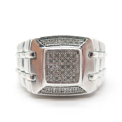 925 Sterling Silver Pave C Z Ribbed Ring Size 11.5