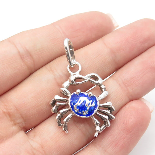 925 Sterling Silver Vintage Blue Enamel Crab Charm Pendant