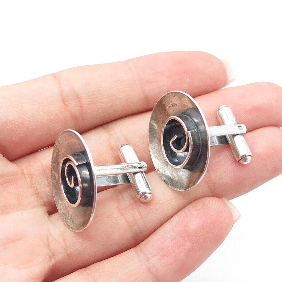 925 Sterling Silver Vintage JML Modernist Round Cufflinks