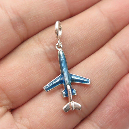 925 Sterling Silver Vintage Blue Enamel Airplane Pendant