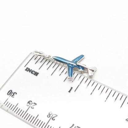 925 Sterling Silver Vintage Blue Enamel Airplane Pendant