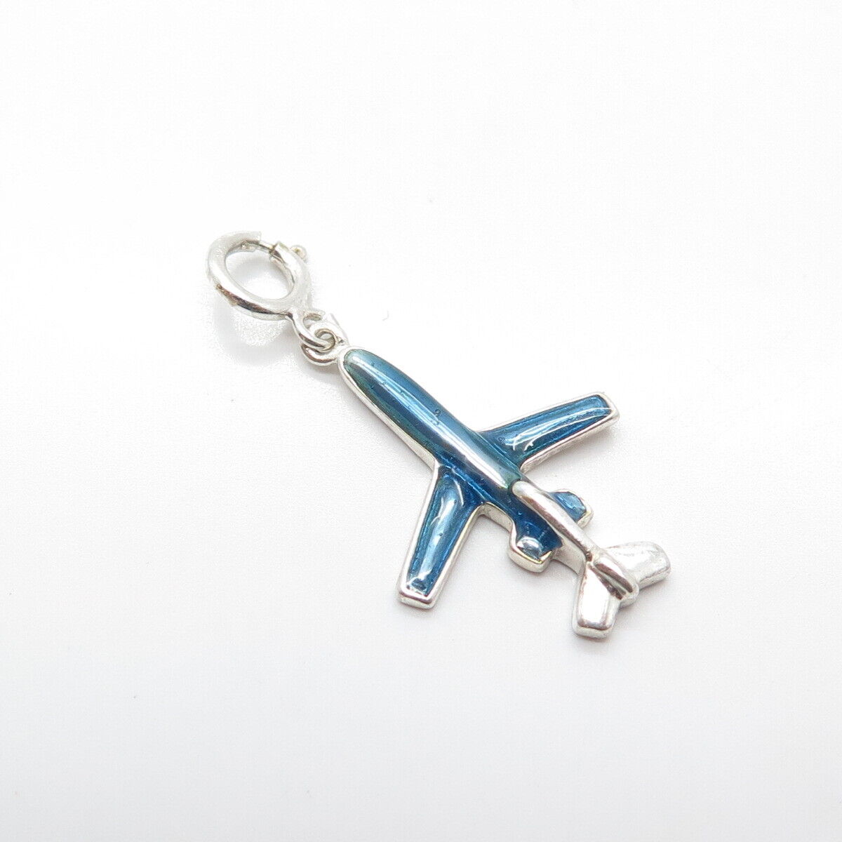 925 Sterling Silver Vintage Blue Enamel Airplane Pendant