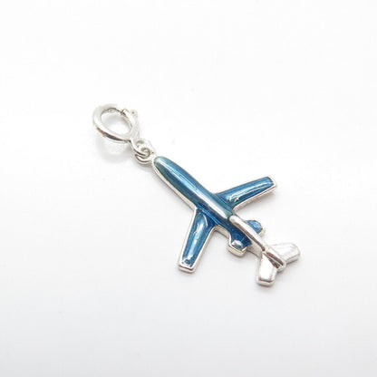 925 Sterling Silver Vintage Blue Enamel Airplane Pendant