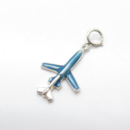 925 Sterling Silver Vintage Blue Enamel Airplane Pendant